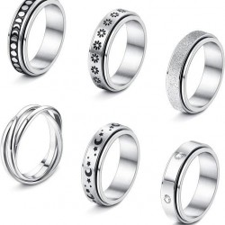 6Pcs Stainless Spinner Rings Set For Women Mens CZ Matte Flower Triple Interlocked Rolling Stress Relieving Ring Anxiety Relief Fidget Band Rings